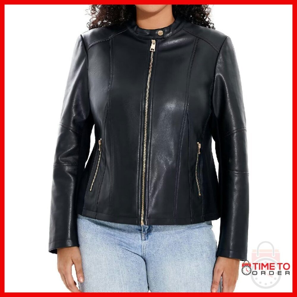 Plus Size Faux Leather Motorcycle Jacket with Stretch Sleeves